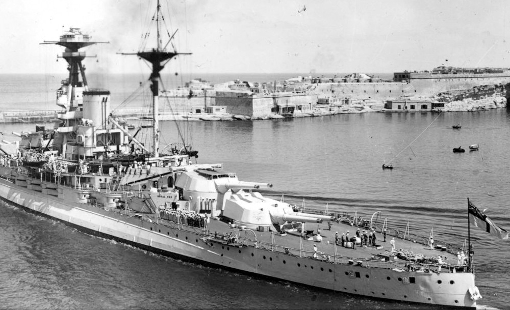 HMS Royal Oak leaving the harbor at Malta