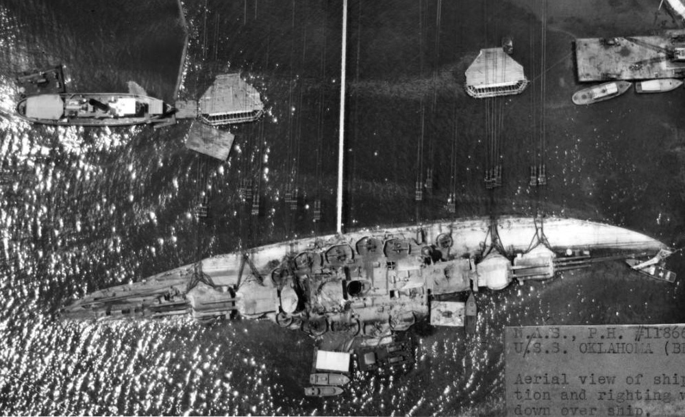 Aerial view of the salvage of the Oklahoma at Pearl Harbor
