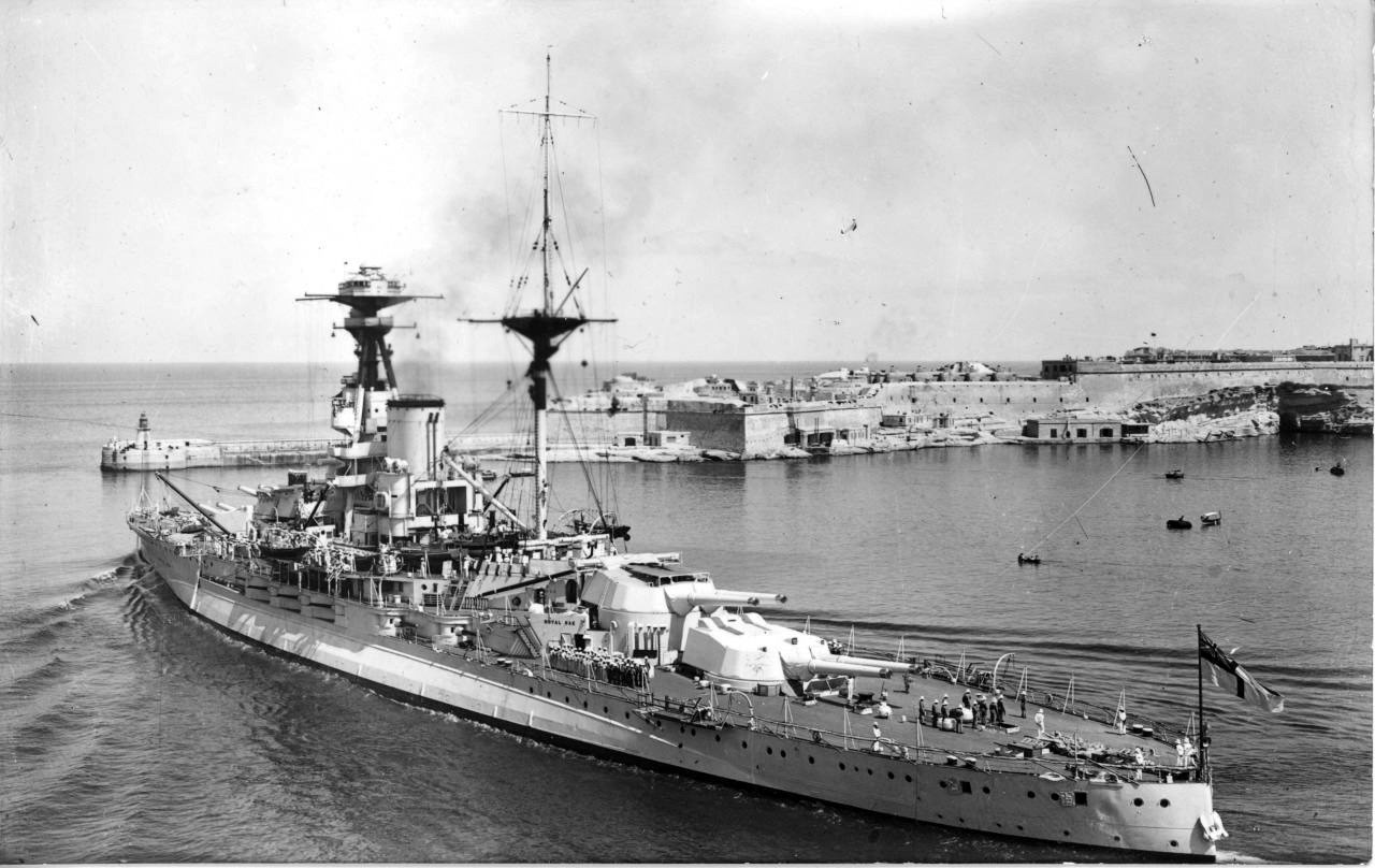 HMS Royal Oak leaving the harbor at Malta