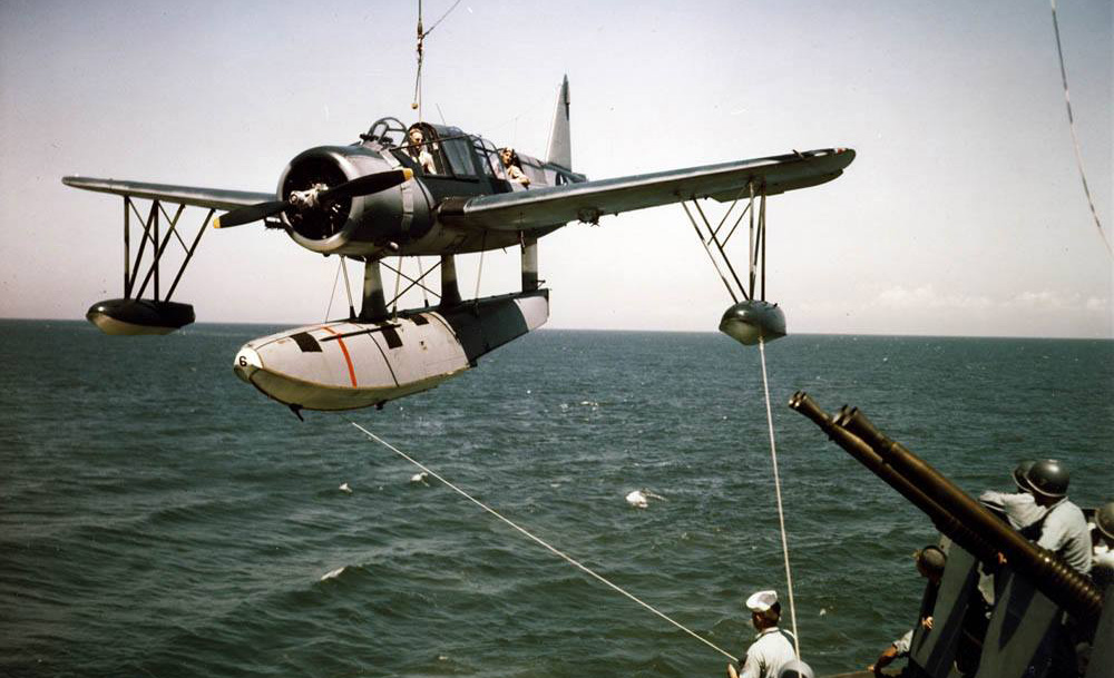 Vought OS2U Kingfisher being lifted aboard the USS Missouri