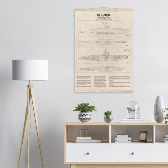 USS H-4 (SS-147) Submarine Profile Drawing | Premium Matte Paper Poster with Hanger