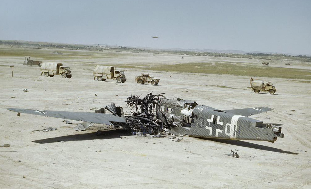 The wreckage of a Luftwaffe Junkers Ju 52 at Gabes airfield in Tunisia