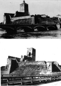 Hermann Castle in Narva before and after the 1944 bombing.