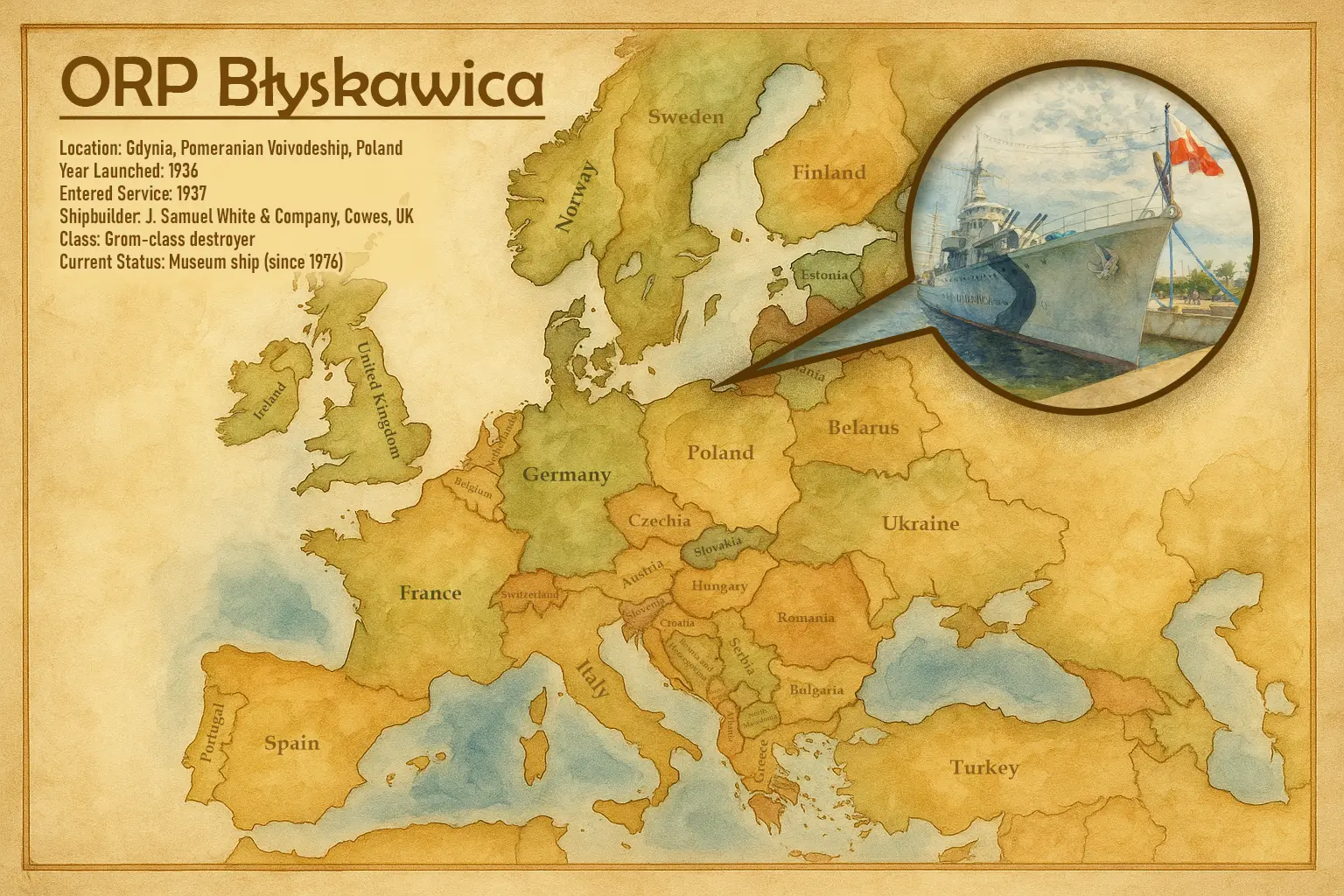 ORP Blyskawica Location Map ORP Błyskawica Location